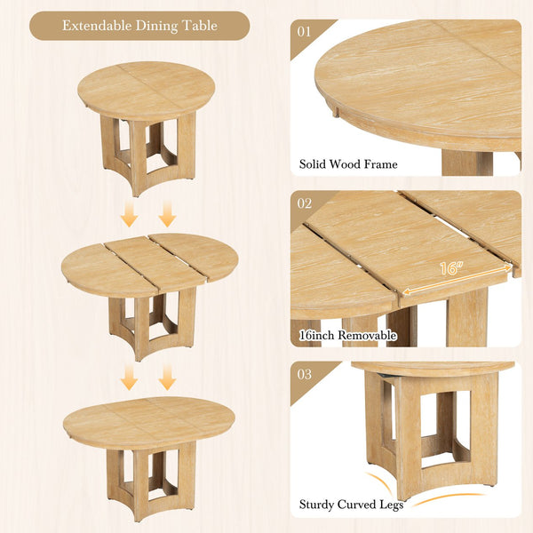 English Elm TOPMAX Solid Wood Extendable Round Dining Set for Small Spaces with 16" Removable Leaf and Cushioned Chairs Natural+Beige SP000091AAN