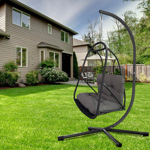 English Elm Swing Egg Chair with Stand - Foldable Rattan Hanging Basket Seat, Cushioned Comfort, Cup Holder Black W2707P388616