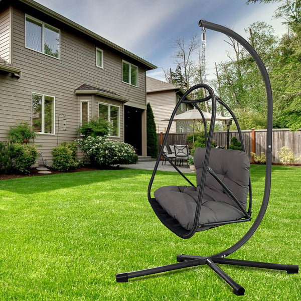 English Elm Swing Egg Chair with Stand - Foldable Rattan Hanging Basket Seat, Cushioned Comfort, Cup Holder Black W2707P388616