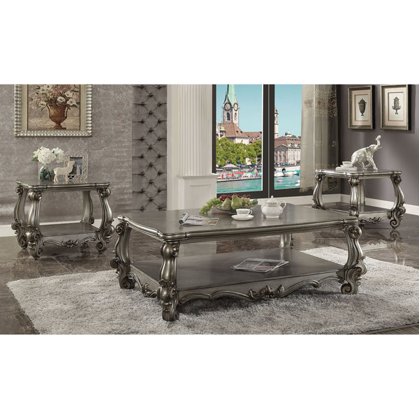 English Elm Antique Platinum End Table with Floral Carved Legs, Bottom Shelf Storage, Classic Light Finish Elegance B062P189091