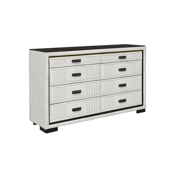 English Elm Isaiah Upholstered White and Black Chest with LED Lighting, Solid Wood MDF, Spacious Drawers and Handles White+Black 62.6 L x 18.11 W x 37.6 H B201P391217