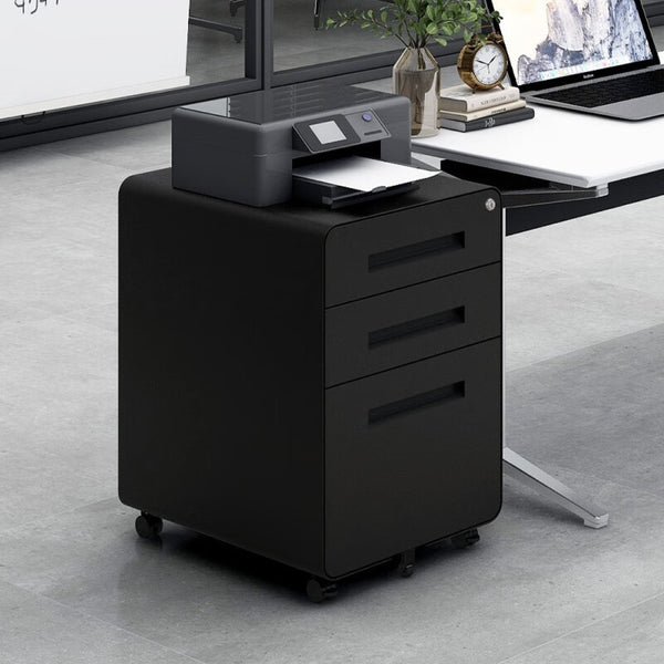 English Elm Black Rolling Steel File Cabinet Three Drawers Locking Under Desk Office Storage W124782438