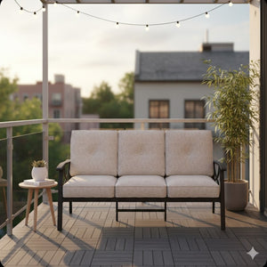 English Elm 70 Inch All Weather Steel Outdoor Sofa Three Seat Rust Proof Powder Coated Patio Seating Light Khaki+Beige B082P455150