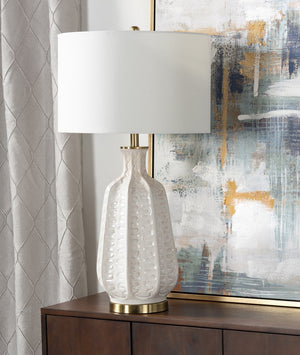 Crestview Collection 33.5"H Elegant Ceramic Table Lamp Set - Glossy White Finish, Gold Accents, 3-way Switch & Drum Shade   Cvap2256
