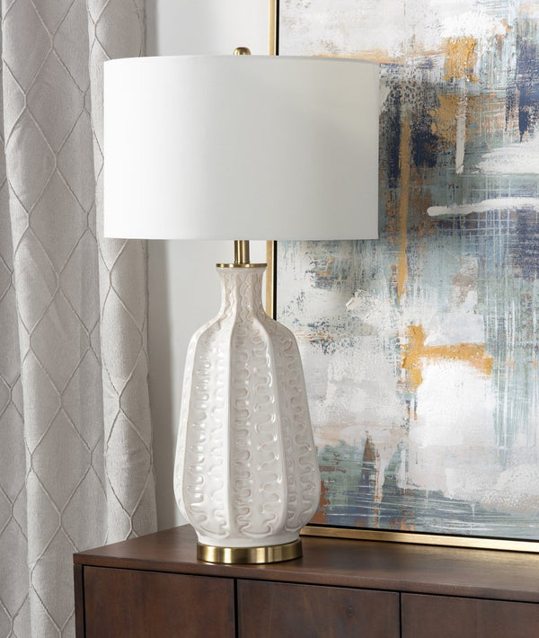 Crestview Collection 33.5"H Elegant Ceramic Table Lamp Set - Glossy White Finish, Gold Accents, 3-way Switch & Drum Shade   Cvap2256