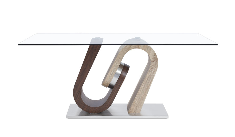 English Elm TONY Solid Wood Dining Table with Oak & Walnut Finish, Geometric Design, Chrome Accents, Stainless Base Brown+Beige 35.24 L x 30.12 W x 13.78 H B201S00029