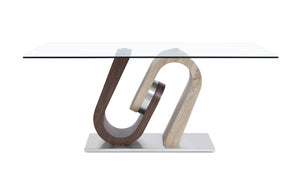 English Elm TONY Solid Wood Dining Table with Oak & Walnut Finish, Geometric Design, Chrome Accents, Stainless Base Brown+Beige 35.24 L x 30.12 W x 13.78 H B201S00029