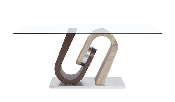 English Elm TONY Solid Wood Dining Table with Oak & Walnut Finish, Geometric Design, Chrome Accents, Stainless Base Brown+Beige 35.24 L x 30.12 W x 13.78 H B201S00029