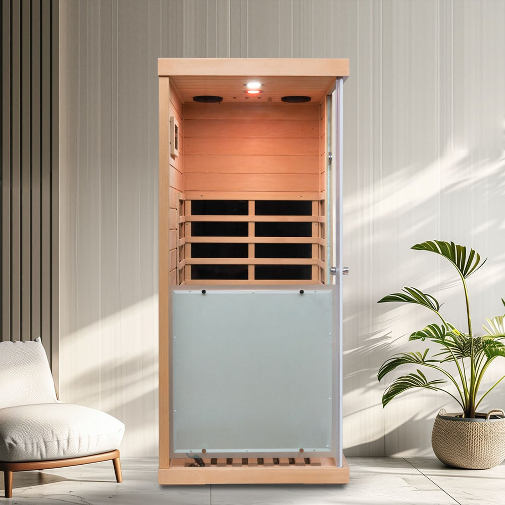 English Elm Large Hemlock Wood Infrared Sauna with Glass Front Bluetooth Audio and Red Light Therapy W2611P204516