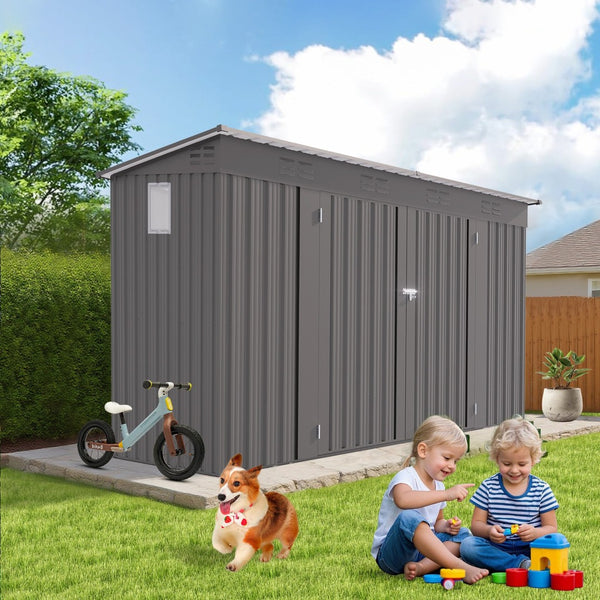 English Elm 4 X 9 Ft Galvanized Steel Outdoor Shed with Vented Sloped Roof and Wide Swing Doors W3213S00006