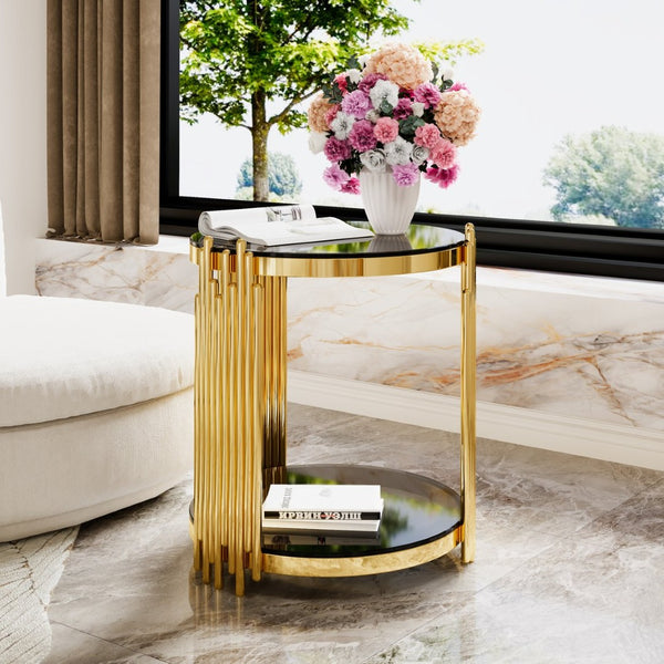 English Elm Modern Round Mirrored Glass End Table with Gold Metal Frame and Lower Display Shelf Black N735P380092B