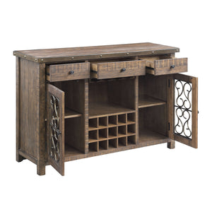 English Elm Raphaela Weathered Cherry Server with 15-Bottle Wine Rack, 4-Cup Holder, Drawers & Shelves - Rustic Elegance B2726P256328