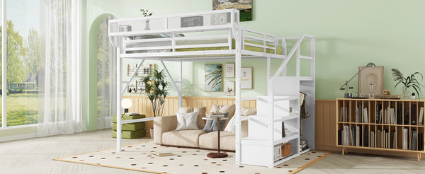 English Elm Queen Size Loft Bed With Stairs & Storage Shelves - Stylish Metal Frame For Kids & Teens, White W2580S00031-GIGA