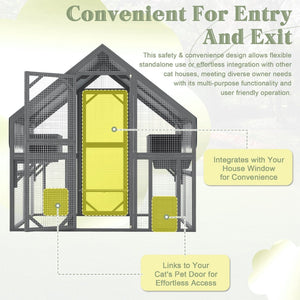 English Elm Cat, Outdoor Wood Enclosure Multi-level Shelter with Platforms Resting Boxes Waterproof Canopy W1598S00039