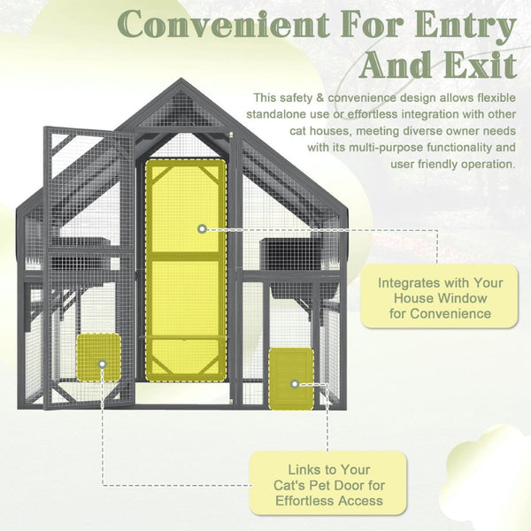 English Elm Cat, Outdoor Wood Enclosure Multi-level Shelter with Platforms Resting Boxes Waterproof Canopy W1598S00039
