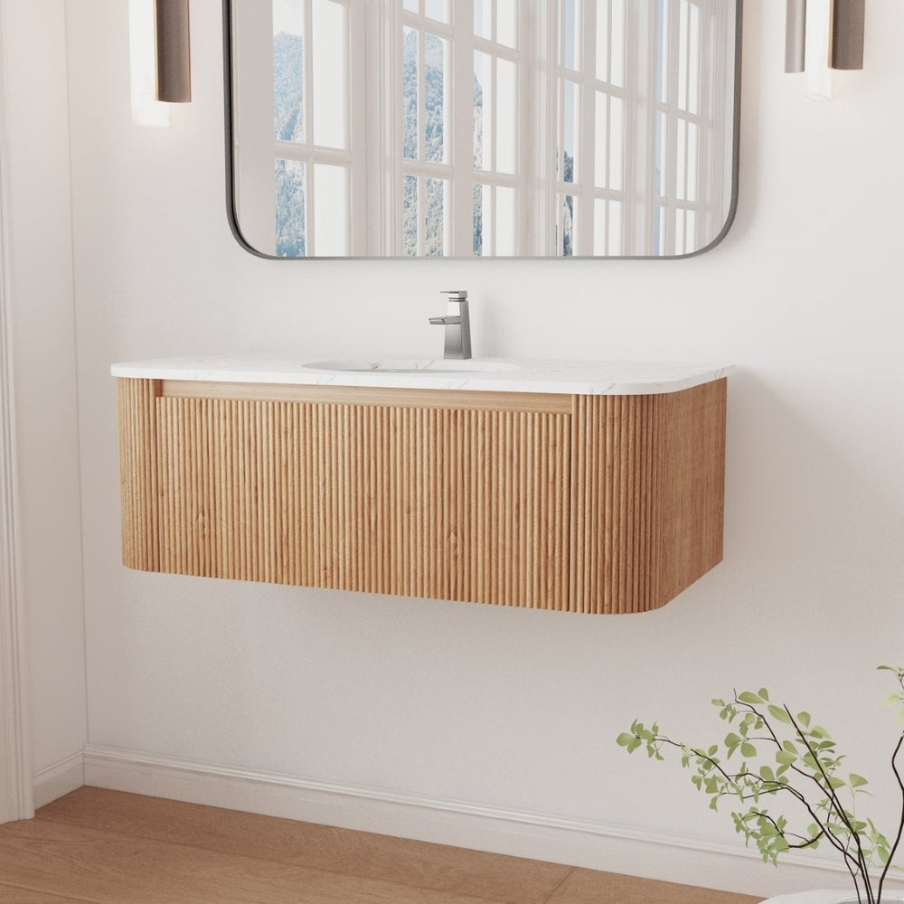 English Elm Arcora Floating Wall Vanity with Carrara Marble Top Ceramic Sink and Soft Close Drawer W3235S00009