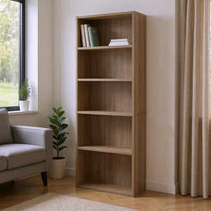 HomeRoots 71" Taupe Distressed Wood Bookcase - Adjustable Five Tier Shelving for Rustic Charm in Any Space 355725