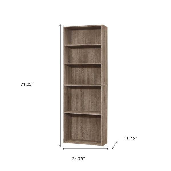 HomeRoots 71" Taupe Distressed Wood Bookcase - Adjustable Five Tier Shelving for Rustic Charm in Any Space 355725