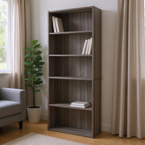 HomeRoots 71" Gray Wood Adjustable Five Tier Bookcase - Modern Storage Solution for Books & Decor in Any Space 355726