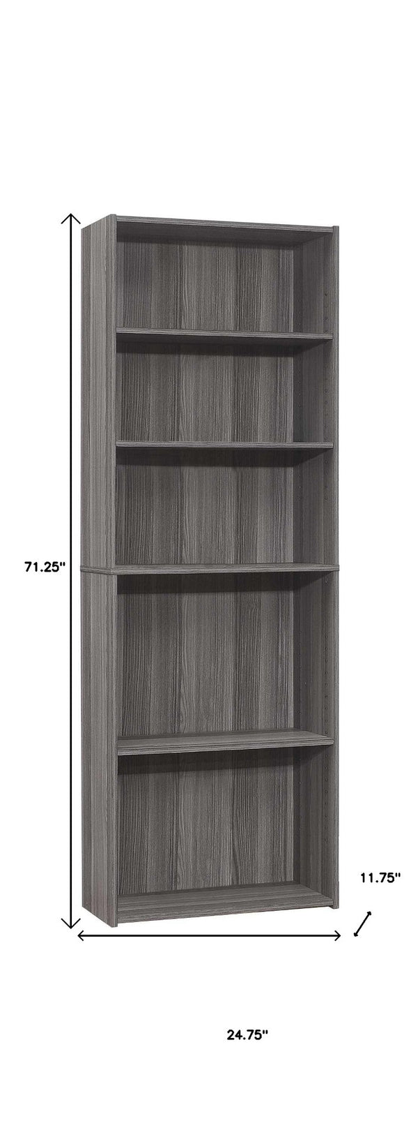 HomeRoots 71" Gray Wood Adjustable Five Tier Bookcase - Modern Storage Solution for Books & Decor in Any Space 355726