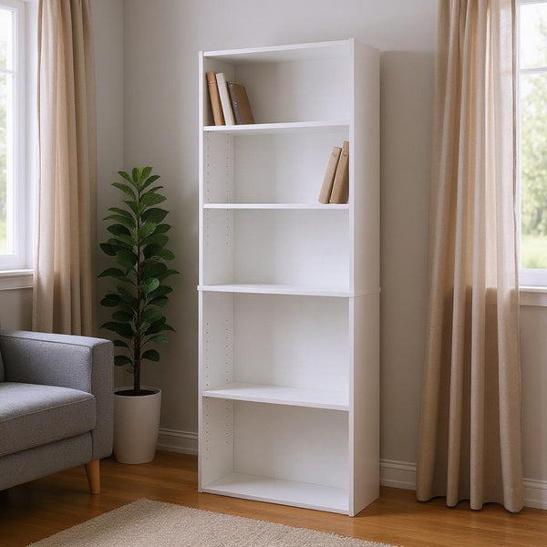 HomeRoots 71" Stylish White Wood Adjustable Bookcase - Five Tier Storage Solution for Home & Office Decor 355727