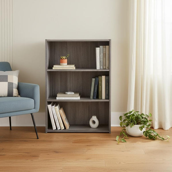 HomeRoots Gray Wood Adjustable Bookcase - Modern Three-Tier Storage Solution for Small Spaces & Decor Display 355731