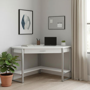 HomeRoots 42" White and Silver Corner Computer Desk - Space-Saving Modern Design with Hidden Storage & Style 355733