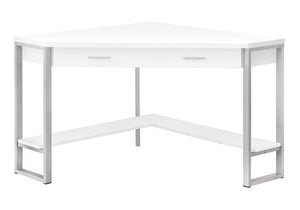 HomeRoots 42" White and Silver Corner Computer Desk - Space-Saving Modern Design with Hidden Storage & Style 355733