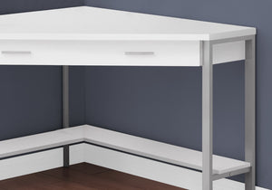 HomeRoots 42" White and Silver Corner Computer Desk - Space-Saving Modern Design with Hidden Storage & Style 355733