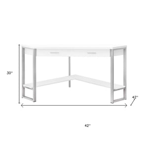 HomeRoots 42" White and Silver Corner Computer Desk - Space-Saving Modern Design with Hidden Storage & Style 355733