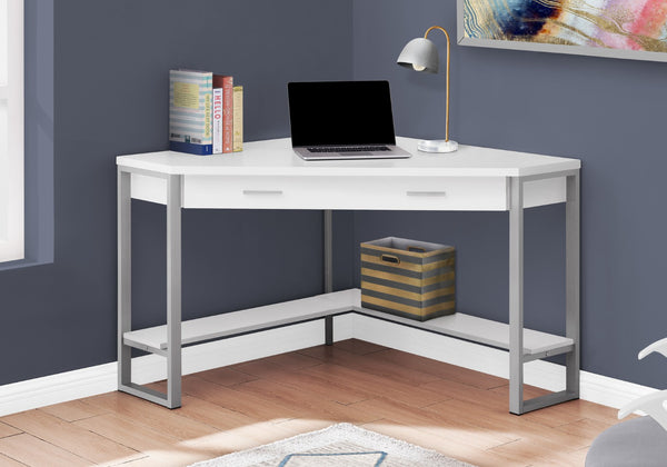 HomeRoots 42" White and Silver Corner Computer Desk - Space-Saving Modern Design with Hidden Storage & Style 355733