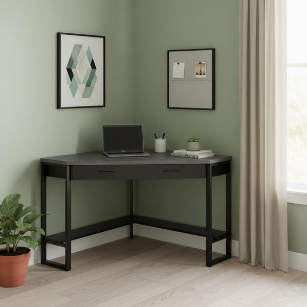 HomeRoots 42" Modern Gray and Black Corner Computer Desk with Storage – Stylish Space-Saving Design for Home Offices 355734