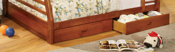 English Elm Oak Twin over Full Bunk Bed with Attached Ladder, Two Under-Bed Drawers, Modern Transitional Design Oak 58 L x 34 W x 8 H B2741S00345