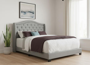 HomeRoots Solid Wood Queen Upholstered Bed in Gray Linen with Tufted Headboard & Chrome Nailhead Trim 355767
