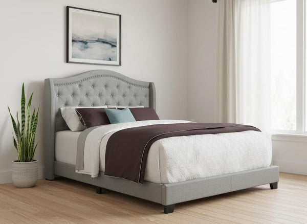 HomeRoots Solid Wood Queen Upholstered Bed in Gray Linen with Tufted Headboard & Chrome Nailhead Trim 355767