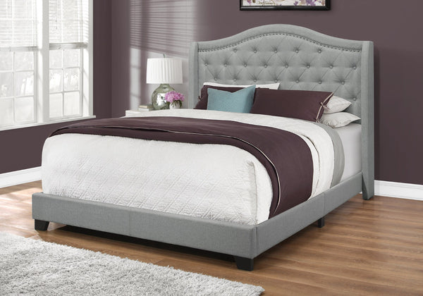 HomeRoots Solid Wood Queen Upholstered Bed in Gray Linen with Tufted Headboard & Chrome Nailhead Trim 355767
