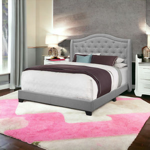 Homeroots Solid Wood Queen Tufted Gray Upholstered Linen Bed With Nailhead Trim  Solid Manufactured Wood 355767