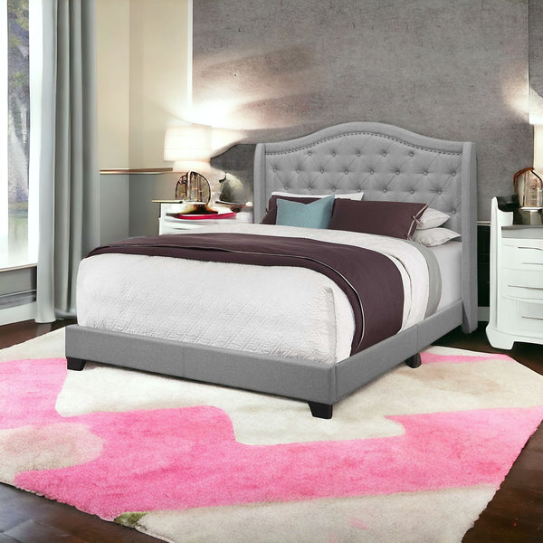 Homeroots Solid Wood Queen Tufted Gray Upholstered Linen Bed With Nailhead Trim  Solid Manufactured Wood 355767