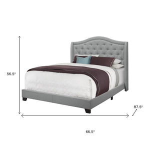 HomeRoots Solid Wood Queen Upholstered Bed in Gray Linen with Tufted Headboard & Chrome Nailhead Trim 355767