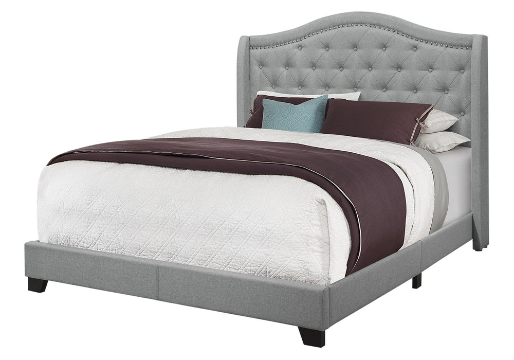 HomeRoots Solid Wood Queen Upholstered Bed in Gray Linen with Tufted Headboard & Chrome Nailhead Trim 355767