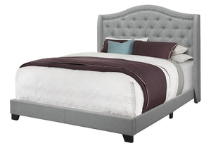 HomeRoots Solid Wood Queen Upholstered Bed in Gray Linen with Tufted Headboard & Chrome Nailhead Trim 355767