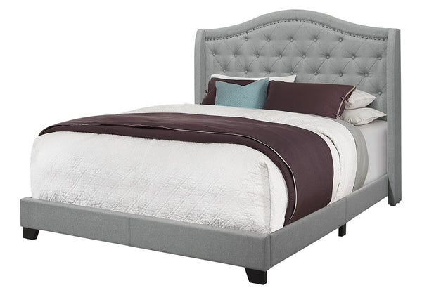 HomeRoots Solid Wood Queen Upholstered Bed in Gray Linen with Tufted Headboard & Chrome Nailhead Trim 355767