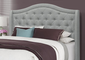 HomeRoots Solid Wood Queen Upholstered Bed in Gray Linen with Tufted Headboard & Chrome Nailhead Trim 355767