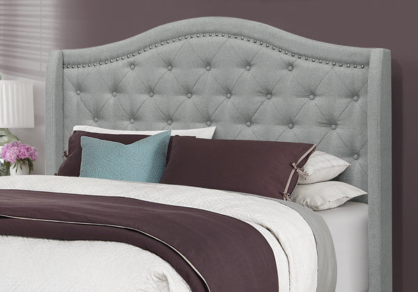 HomeRoots Solid Wood Queen Upholstered Bed in Gray Linen with Tufted Headboard & Chrome Nailhead Trim 355767