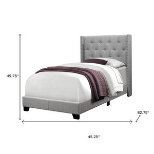 HomeRoots Gray Twin Tufted Upholstered Bed Frame – Solid Wood Construction with Nailhead Trim for Elegance 355768