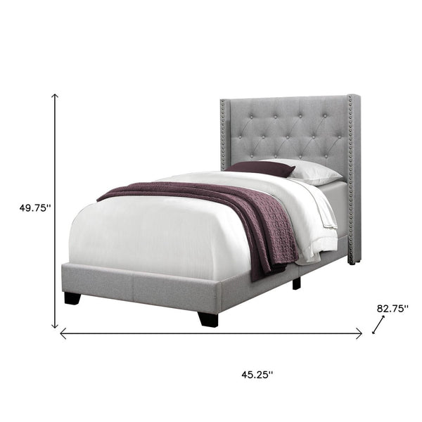 HomeRoots Gray Twin Tufted Upholstered Bed Frame – Solid Wood Construction with Nailhead Trim for Elegance 355768