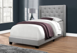 HomeRoots Gray Twin Tufted Upholstered Bed Frame – Solid Wood Construction with Nailhead Trim for Elegance 355768