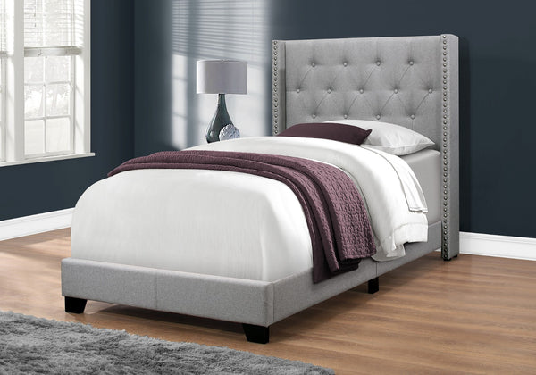 HomeRoots Gray Twin Tufted Upholstered Bed Frame – Solid Wood Construction with Nailhead Trim for Elegance 355768