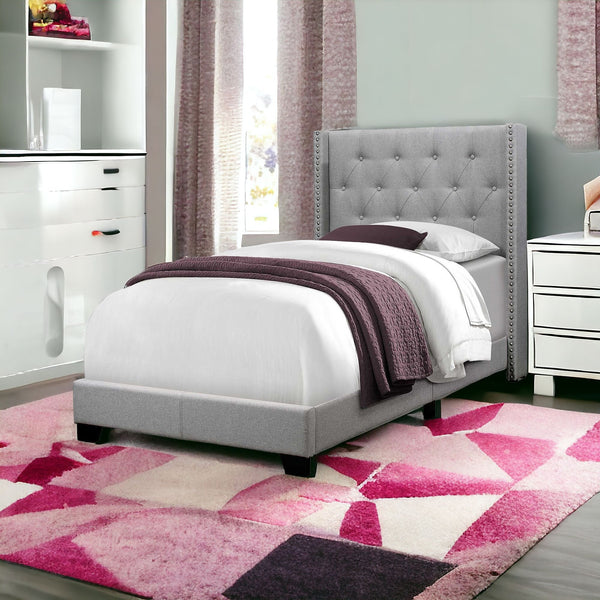Homeroots Gray Solid Wood Twin Tufted Upholstered Linen Bed Frame With Nailhead Trim  Solid Manufactured Wood 355768