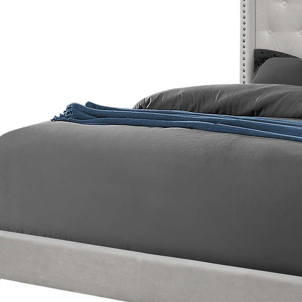 Homeroots Solid Wood Queen Tufted Gray And Light Gray Upholstered Velvet Bed With Nailhead Trim  Solid Manufactured Wood 355769